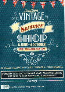 Coniston Vintage Shop Poster - Lakes Lodges Poster advertising Coniston Vintage Shop's Summer event with bunting, decorative ribbon, and dates 8 June–4 October; open 7 days a week 10am–6pm.